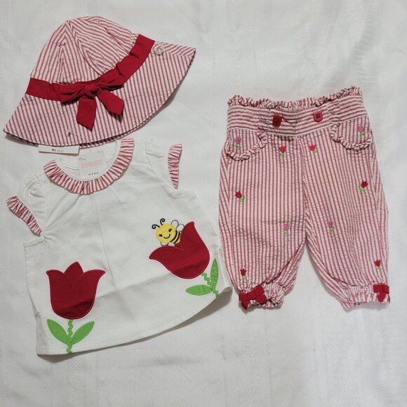 Gymboree Too Cute Tulip NWT 0-3 month top, VGUC pants, 3-6 month hat set. Mixed - Picture 1 of 5